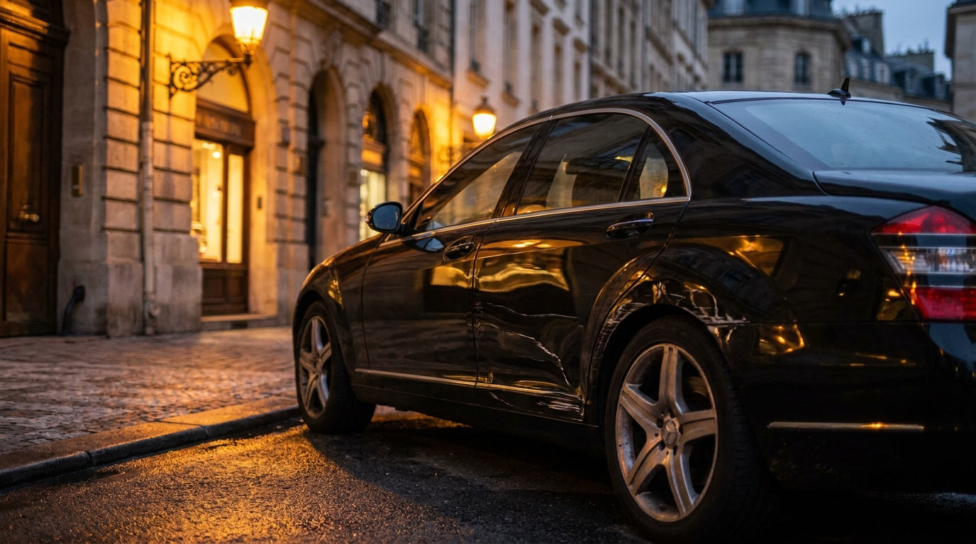 Damaged luxury vehicle at night